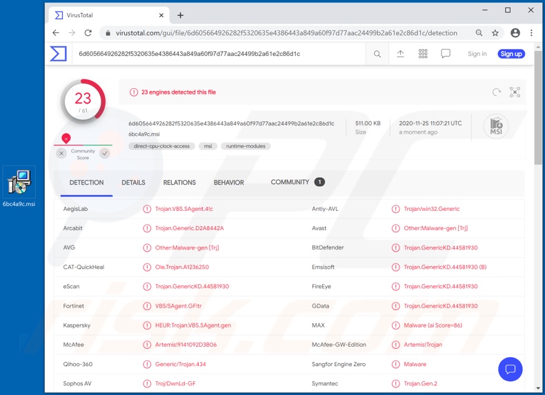 Wykrycia malware Chaes (fałszywego instalatora) na VirusTotal