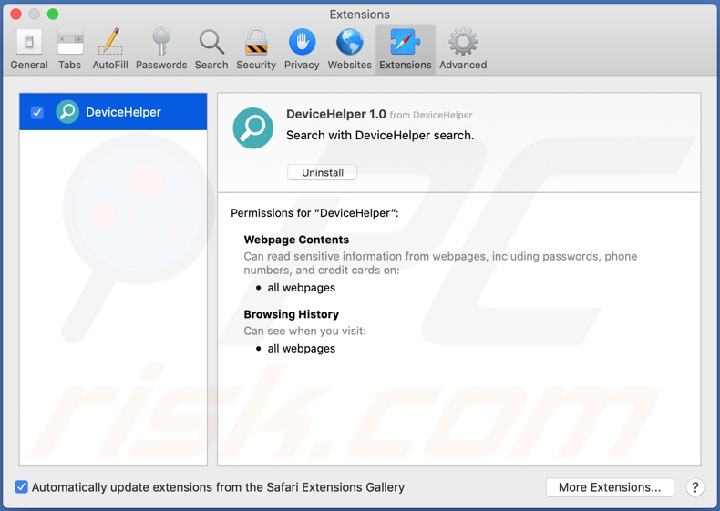 DeviceHelper adware installed onto Safari