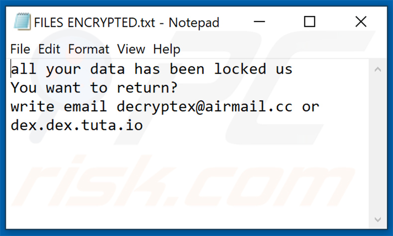 Dex ransomware text file (FILES ENCRYPTED.txt)