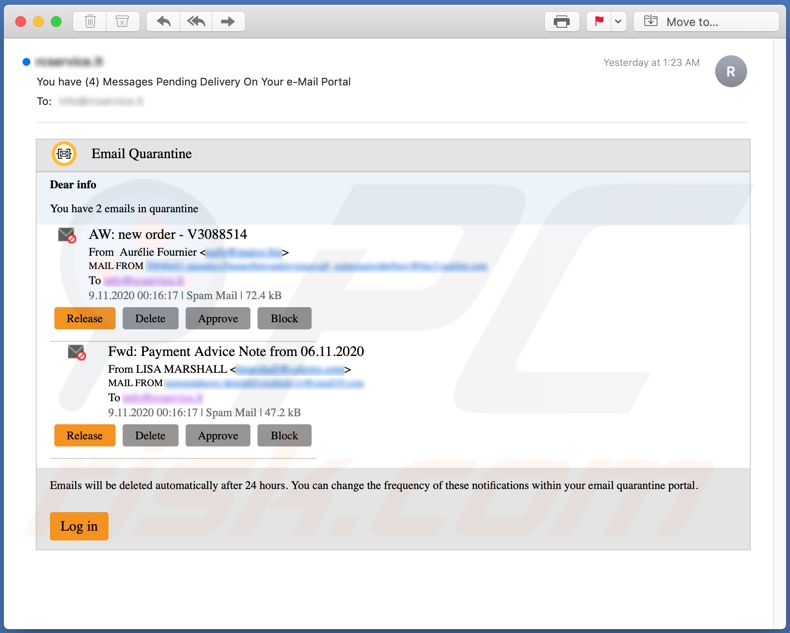 Oszukańcza e-mailowa kampania spamowa Email Quarantine