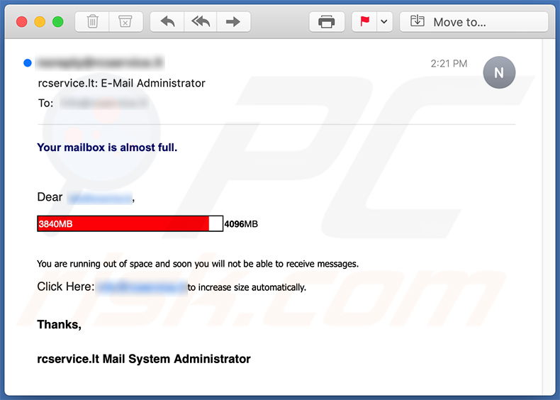 E-mail phishingowy o tematyce pojemności skrzynki e-mail (2020-11-06)