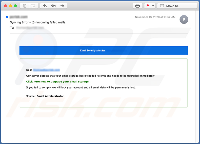 E-mail ze spamem związany z limitami poczty, promujący witrynę phishingową 