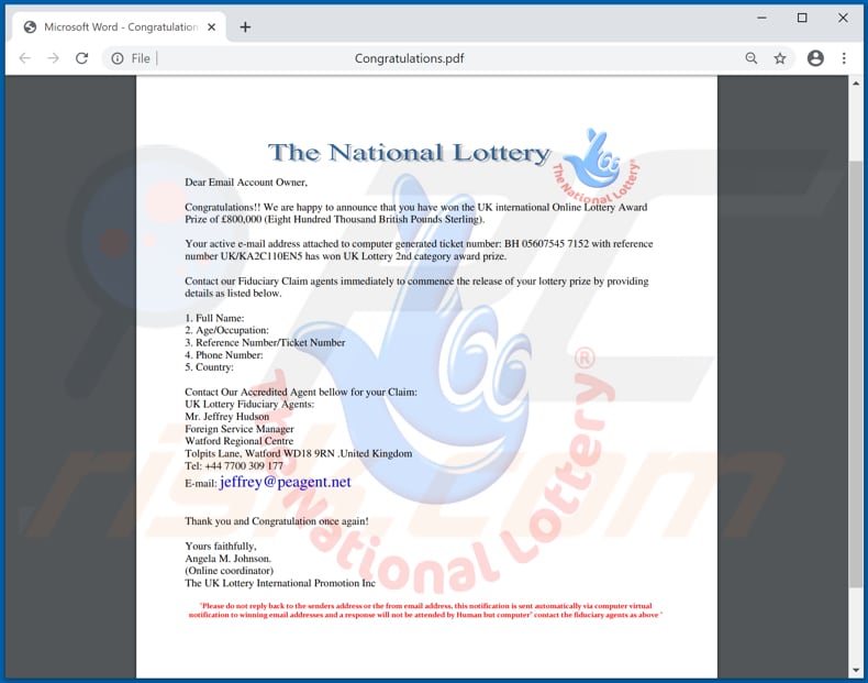 Dokument pdf oszustwa e-mailowego national lottery