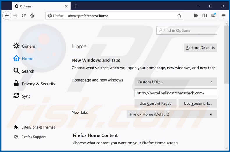 Removing onlinestreamsearch.com from Mozilla Firefox homepage