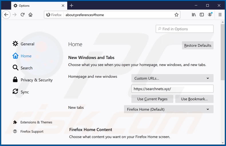 Usuwanie searchnets.xyz ze strony domowej Mozilla Firefox