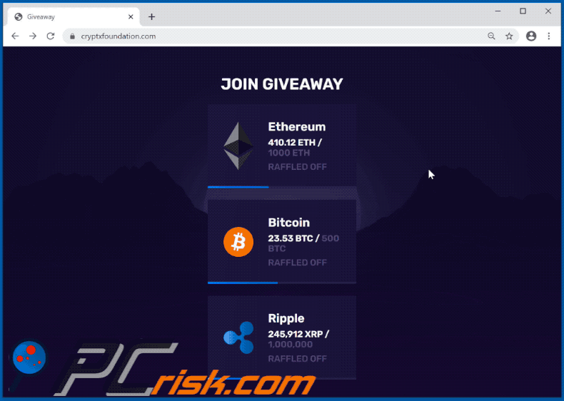 witryna cryptxfoundation.com promująca oszustwo rozdania kryptowaluty