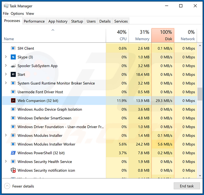 Ransomware .lock (Dharma) w Menedżerze zadań Windows