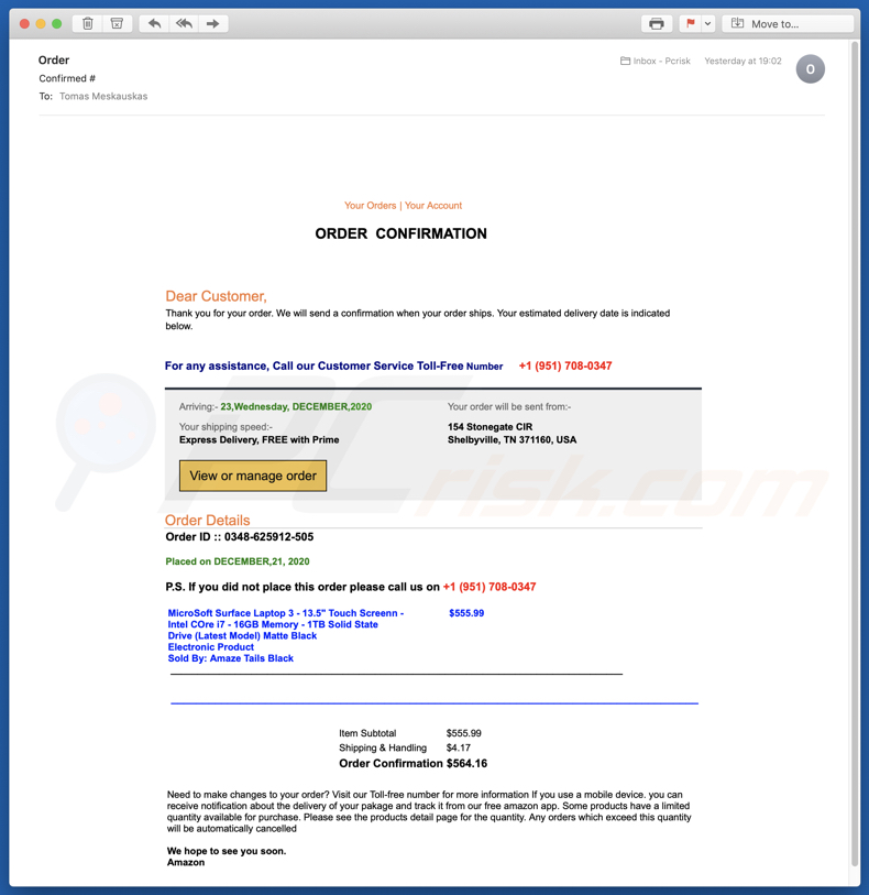 2 przykład oszustwa e-mailowego order confirmation