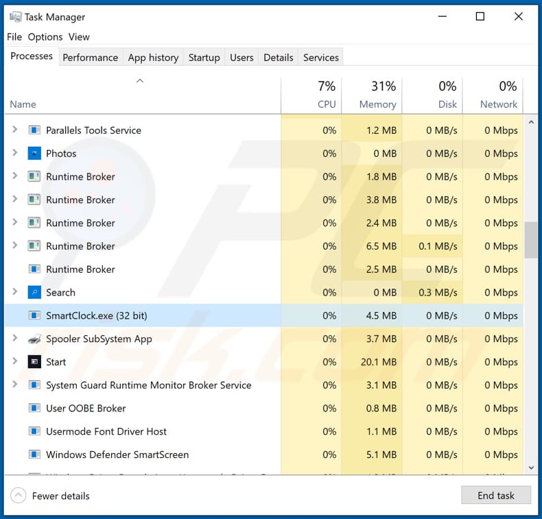 Złośliwy proces spyware passwordstealer smartclock.exe w Menedżerze zadań