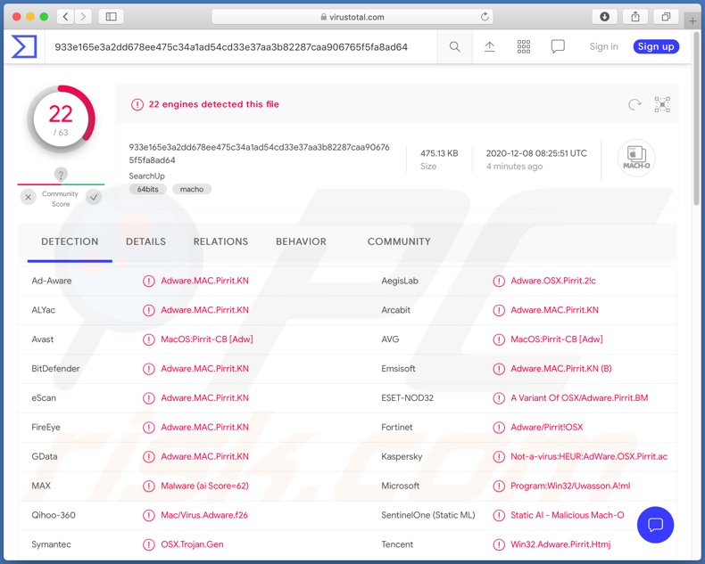 SearchUp adware detections on VirusTotal