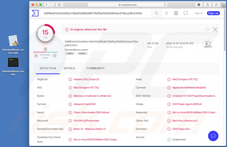 StandardBoost adware detections on VirusTotal