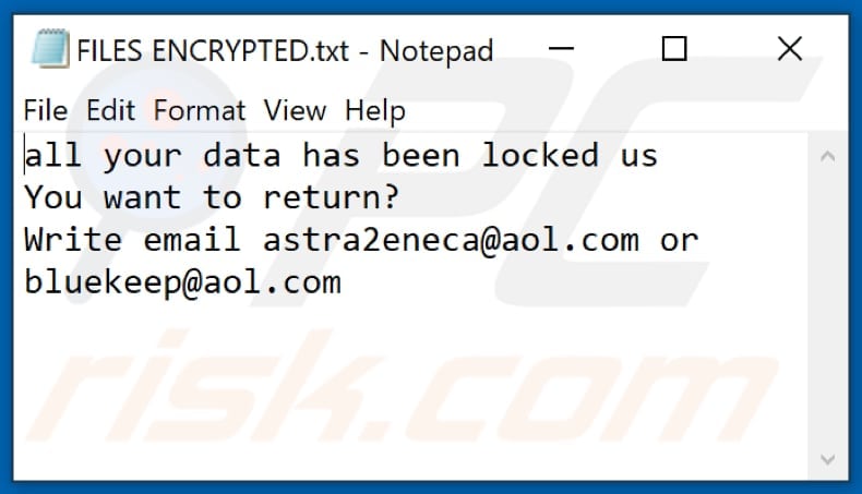 Plik tekstowy ransomware Aol (FILES ENCRYPTED.txt)