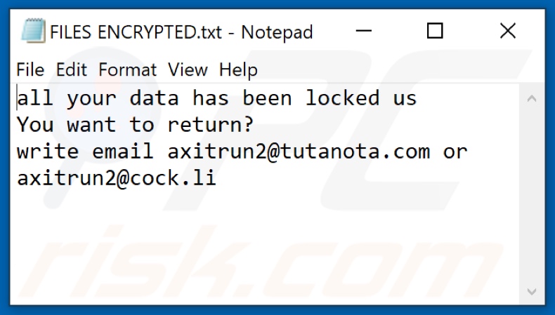 Plik tekstowy ransomware AXI (FILES ENCRYPTED.txt)