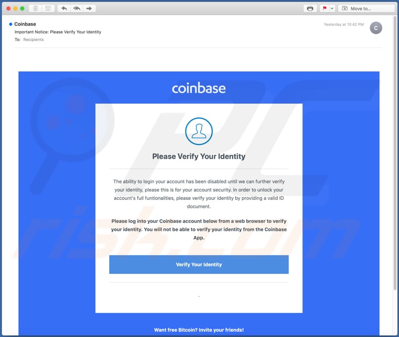 E-mail spamowej kampanii e-mailowej Coinbase
