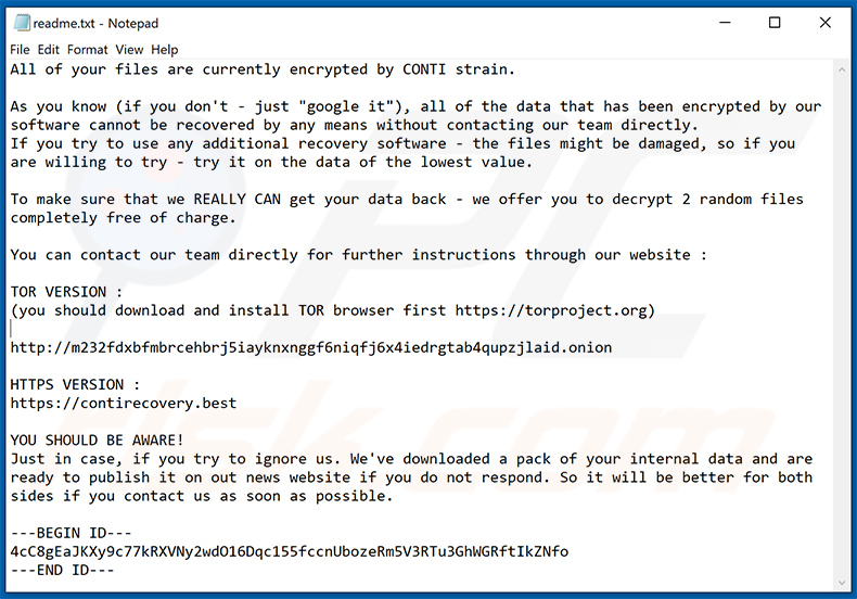 Notatka z żądaniem okupu CONTI (KKBKR) (readme.txt)
