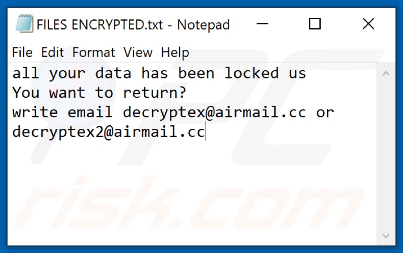 Plik tekstowy ransomware Dexx (FILES ENCRYPTED.txt)