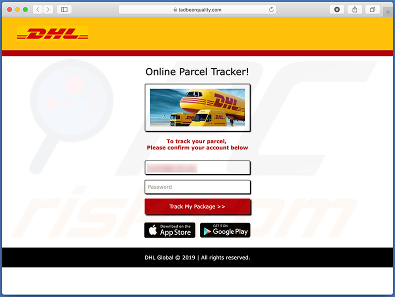 Witryna phishingowa promowana przez e-mail spamowy o tematyce DHL (2021-01-07)