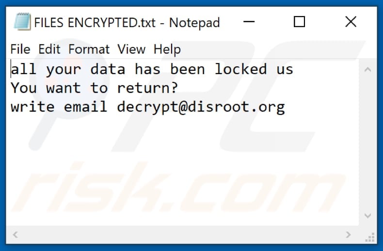 Plik tekstowy ransomware Dis (FILES ENCRYPTED.txt)