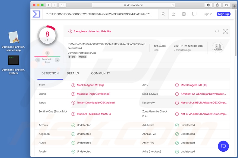 wykrycia adware DominantPartition na VirusTotal