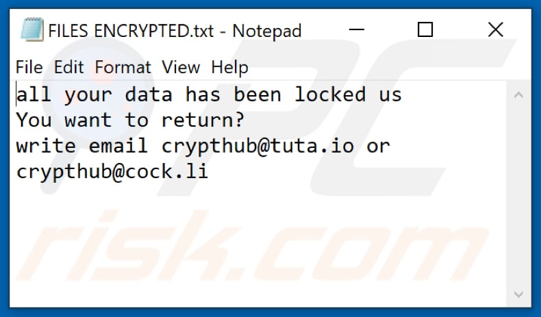 Plik tekstowy ransomware Hub (FILES ENCRYPTED.txt)