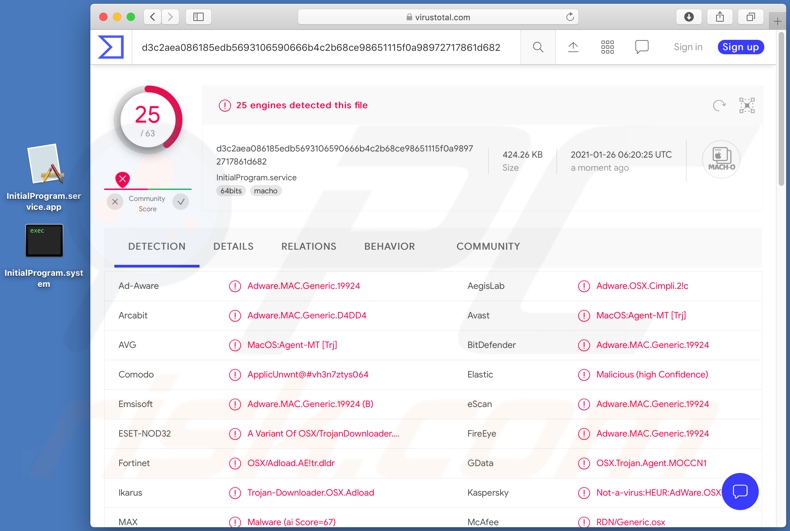 Wykrycia adware InitialProgram na VirusTotal