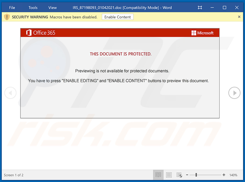 Złośliwy dokument MS Word używany do rozsyłania malware Emotet (dystrybuowany poprzez e-maile spamowe o tematyce IRS)