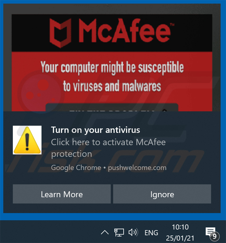 Powiadomienie przeglądarki promujące oszustwo McAfee subscription