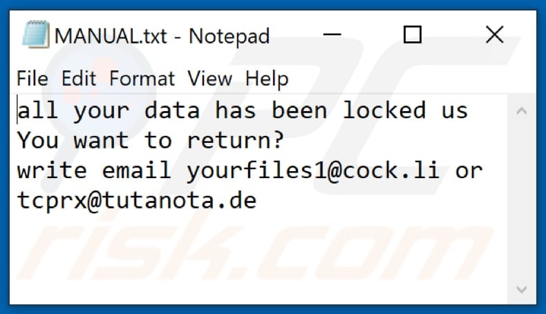 Plik tekstowy ransomware NOV (MANUAL.txt)