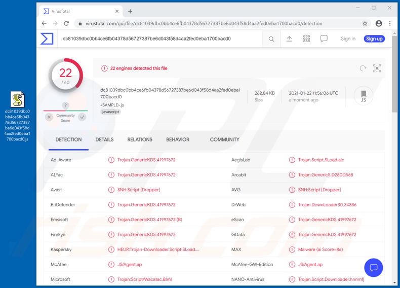Wykrycia malware ViperSoftX na VirusTotal