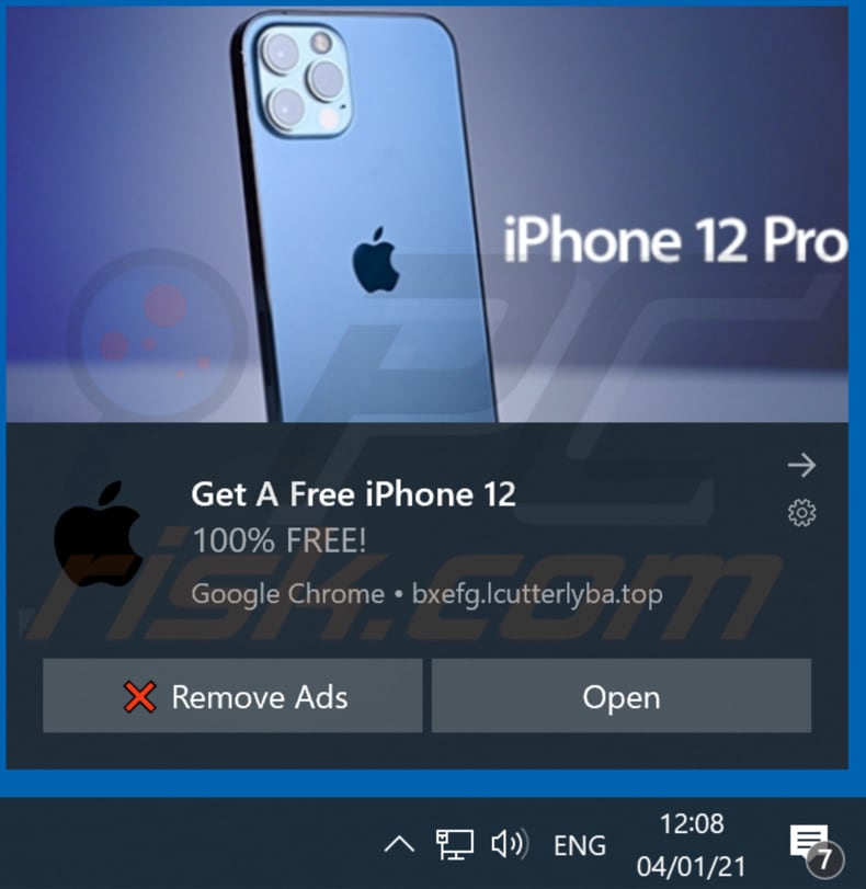 Fałszywe powiadomienie przeglądarki pop-up win the new iphone 12 dostarczone przez lcutterlyba top i promujące to oszustwo