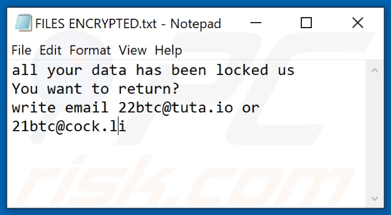 Plik tekstowy ransomware 22btc (FILES ENCRYPTED.txt)