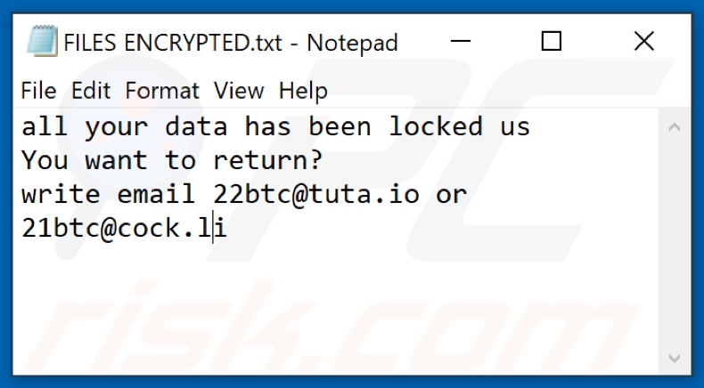 Plik tekstowy ransomware 22btc (FILES ENCRYPTED.txt)