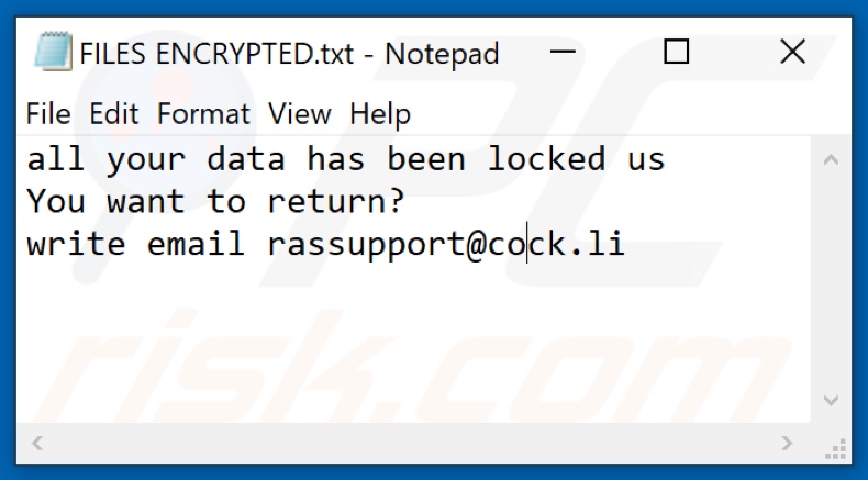 Plik tekstowy ransomware Bk (FILES ENCRYPTED.txt)
