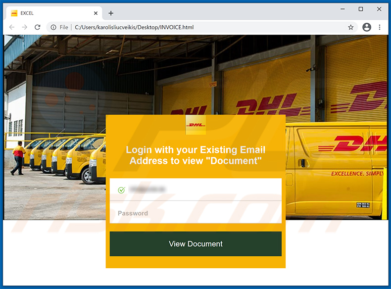 Plik HTML imitujący stronę logowania DHL wykorzystywany do celów phishingowych 