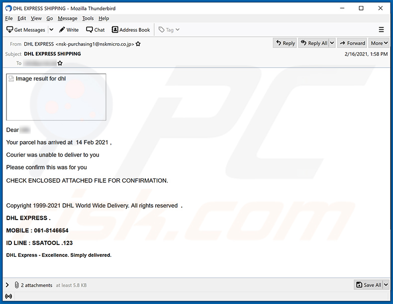 E-mail spamowy DHL Express (2021-02-18)