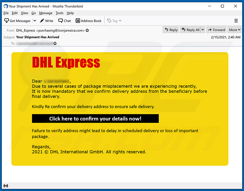 Wiadomość spamowa DHL Express promująca stronę phishingową (2021-02-18) 