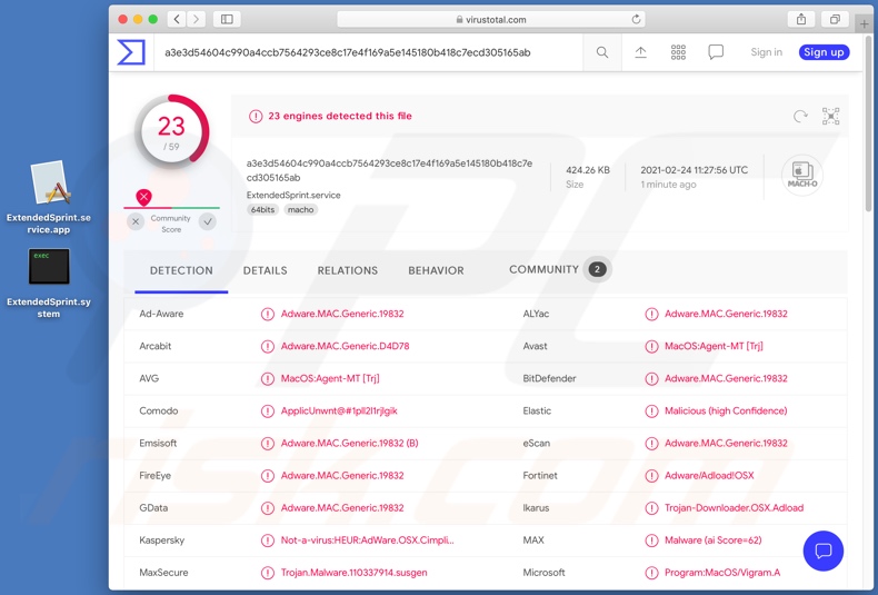 Wykrycia adware ExtendedSprint na VirusTotal