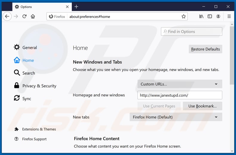 Usuwanie janextupd.com ze strony domowej Mozilla Firefox
