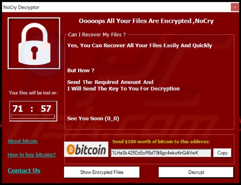 Wiadomość ransomware NoCry (okno pop-up)