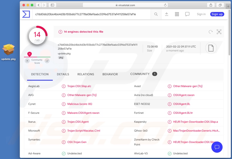 Wykrywanie alternatywnego wariantu instalatora złośliwego oprogramowania Silver Sparrow w programie VirusTotal 