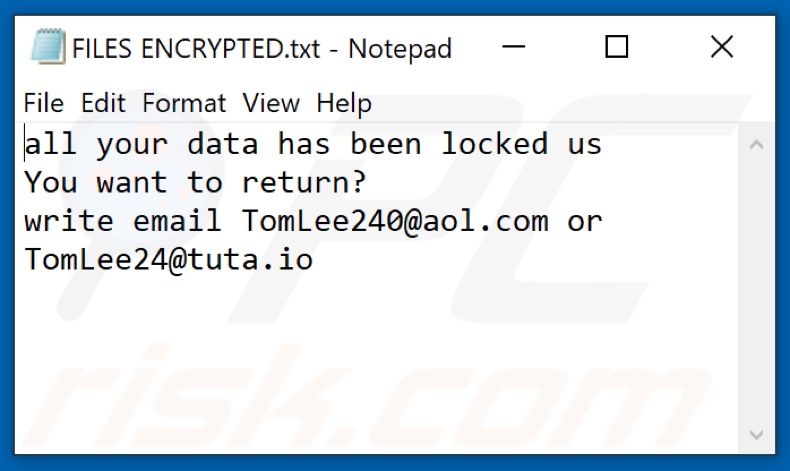 Plik tekstowy ransomware TomLe (FILES ENCRYPTED.txt)