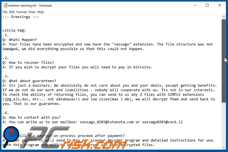 Wygląd notatki tekstowej ransomware Vassago GIF (readme-warning.txt)