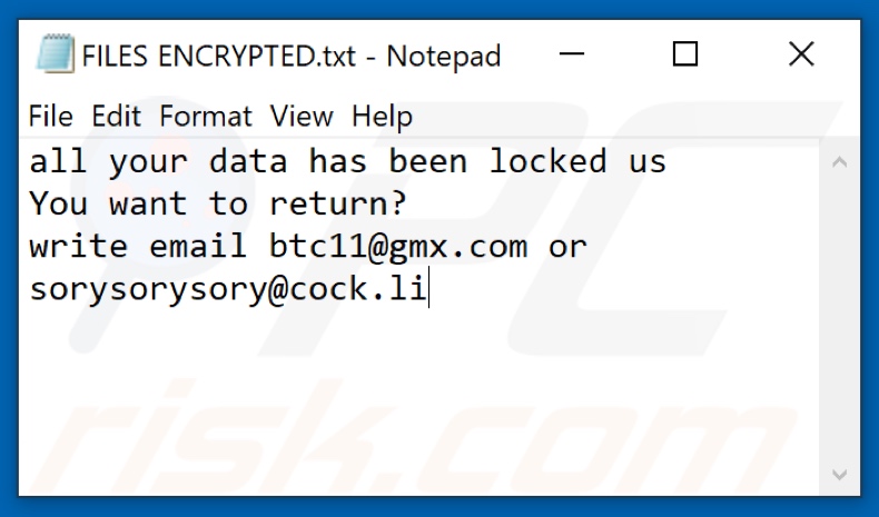 Plik tekstowy ransomware Wcg (FILES ENCRYPTED.txt)