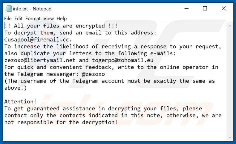 Plik tekstowy ransomware Acuna (info.txt)