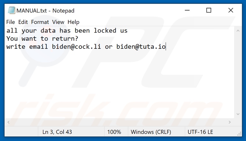 Plik tekstowy ransomware Biden (MANUAL.txt)