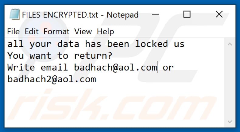 Plik tekstowy ransomware Bqd2 (FILES ENCRYPTED.txt)