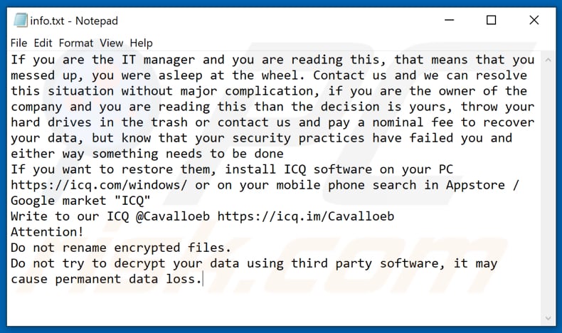 Plik tekstowy ransomware CAVALLOZIPULYA (info.txt)