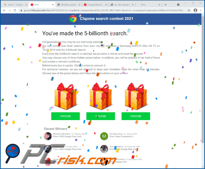 Wygląd oszustwa Chrome search contest 2021 (GIF)