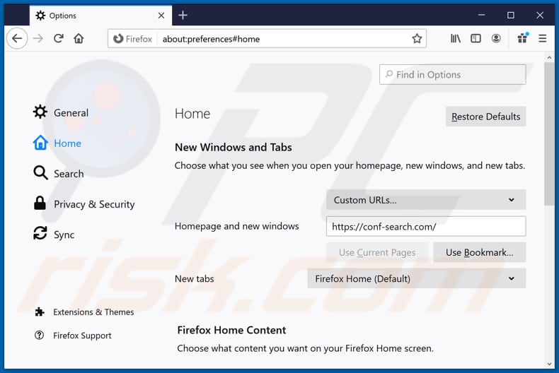 Usuwanie conf-search.com ze strony domowej Mozilla Firefox